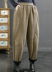 Loose Khaki Pockets Elastic Waist Warm Fleece Corduroy Pants Winter