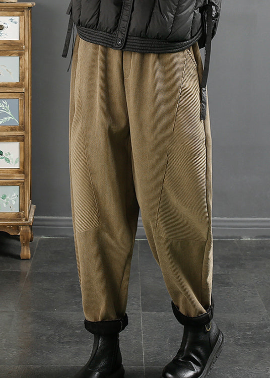 Loose Khaki Pockets Elastic Waist Warm Fleece Corduroy Pants Winter