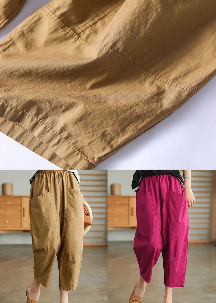 Loose Khaki Pockets Patchwork Cotton Crop Pants Summer