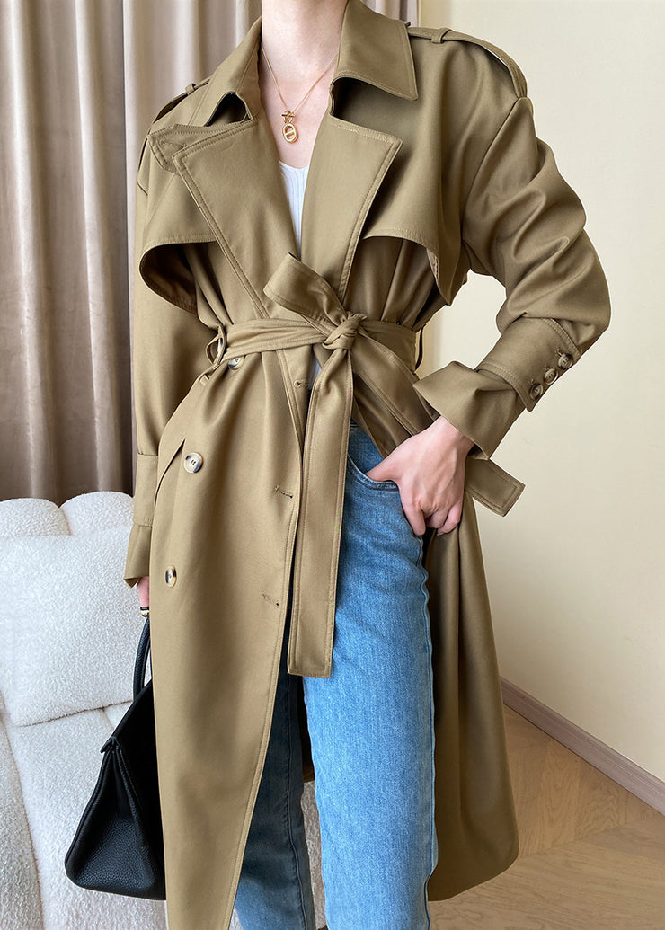 Loose Khaki Pockets Tie Waist Cotton Trench Coat Long Sleeve