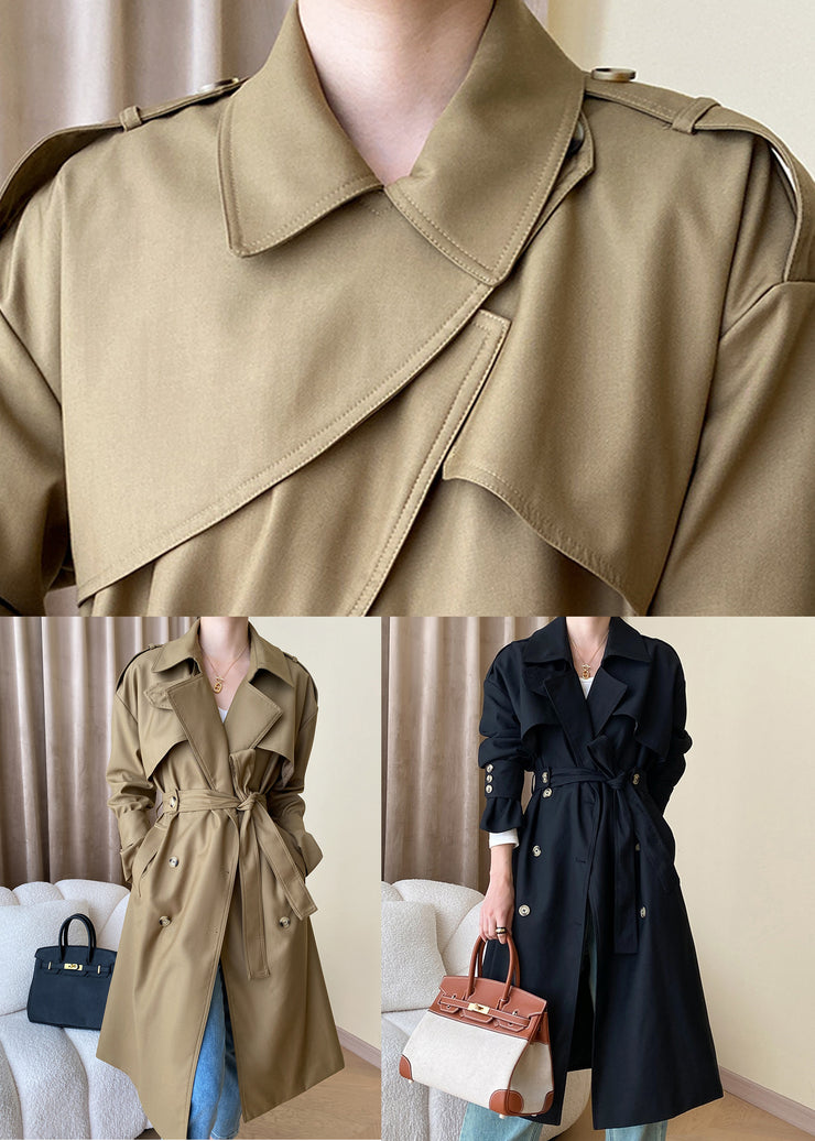 Loose Khaki Pockets Tie Waist Cotton Trench Coat Long Sleeve