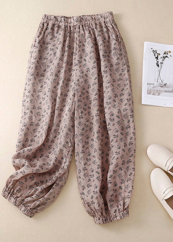 Loose Khaki Print Elastic Waist Ramie Lantern Pants Summer