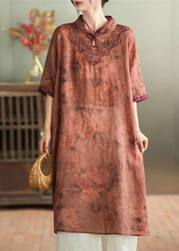 Loose Khaki Stand Collar Embroideried Button Ramie Maxi Dress Half Sleeve