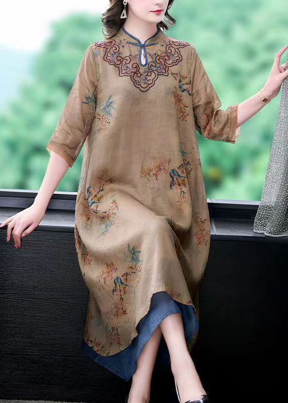 Loose Khaki Stand Collar Print Pockets Linen Long Dresses Half Sleeve