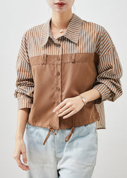 Loose Khaki Striped Patchwork Drawstring Cotton Shirts Spring