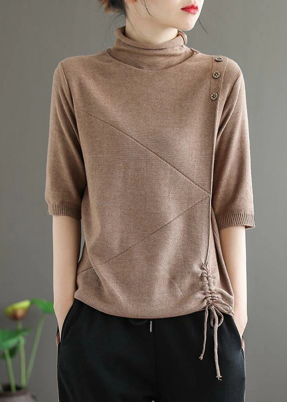 Loose Khaki Turtleneck Drawstring Patchwork Knit Tops Half Sleeve