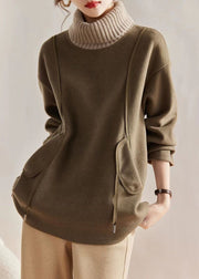 Loose Khaki Turtleneck Knit Patchwork Woolen Sweatshirts Long Sleeve