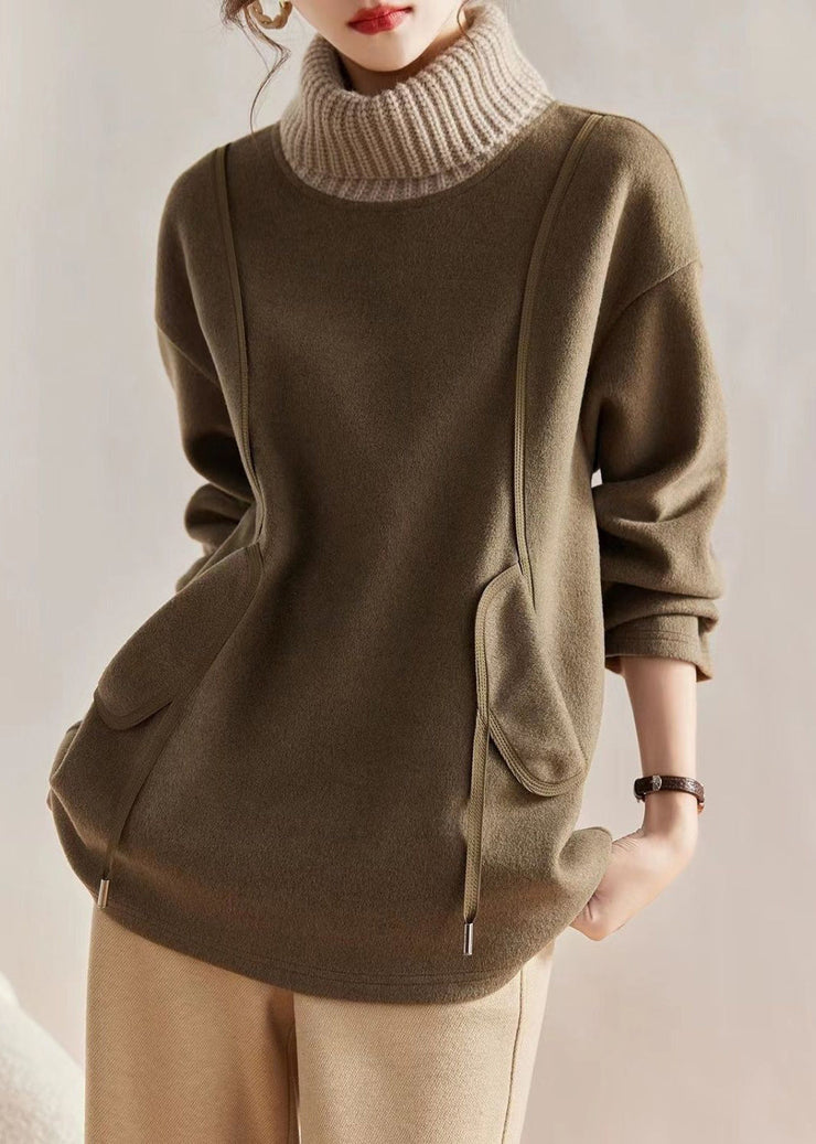 Loose Khaki Turtleneck Knit Patchwork Woolen Sweatshirts Long Sleeve