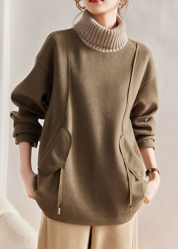 Loose Khaki Turtleneck Knit Patchwork Woolen Sweatshirts Long Sleeve