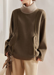 Loose Khaki Turtleneck Knit Patchwork Woolen Sweatshirts Long Sleeve