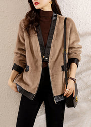 Loose Khaki V Neck Button Patchwork Fuzzy Fur Coats Long Sleeve