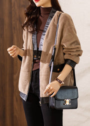 Loose Khaki V Neck Button Patchwork Fuzzy Fur Coats Long Sleeve