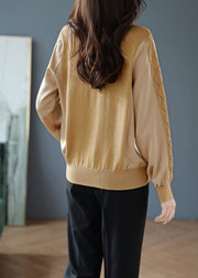 Loose Khaki V Neck Hollow Out Patchwork Knit Sweaters Long Sleeve