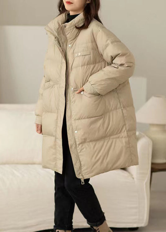 Loose Khaki Zip Up Pockets Patchwork Duck Down Coat Winter