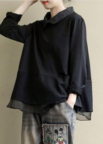 Plus Size Black Tops Lapel Patchwork Clothes Pattern - bagstylebliss
