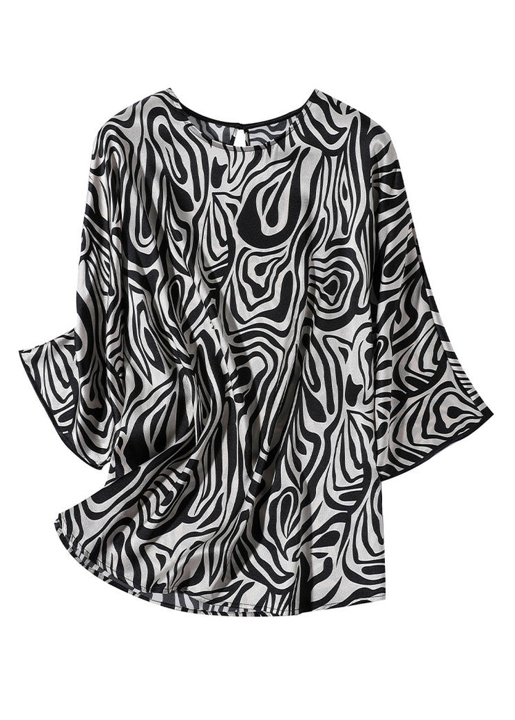 Loose Leopard O-Neck Silk Tops Long Sleeve