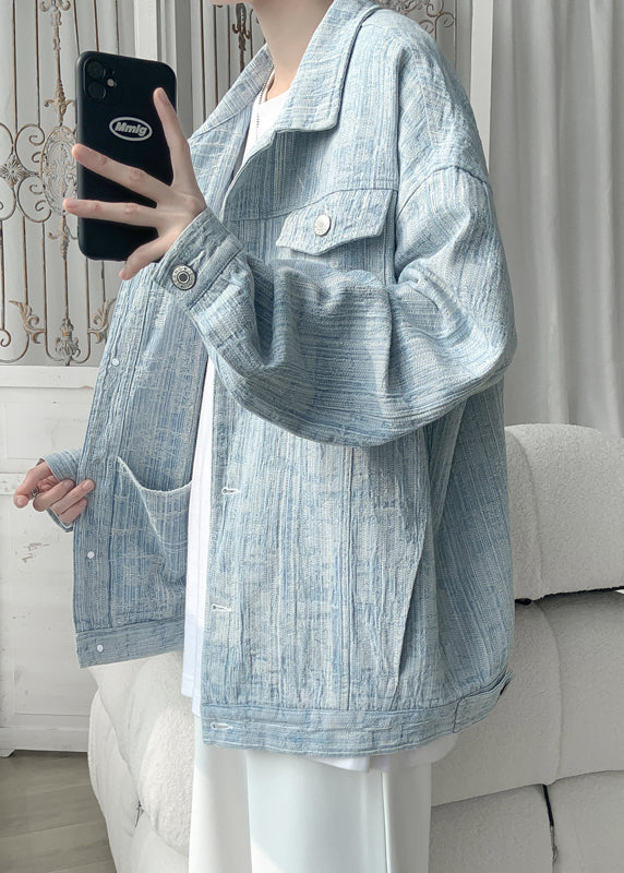 Loose Light Blue Button Pockets Denim Men Coat Fall