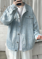 Loose Light Blue Button Pockets Denim Men Coat Fall