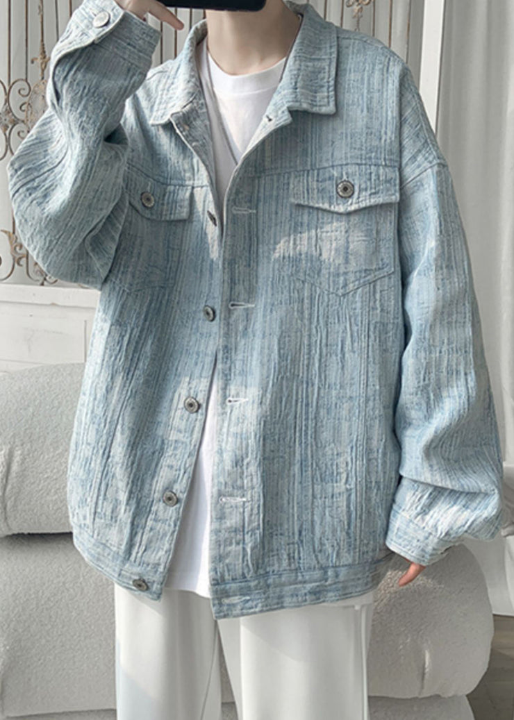 Loose Light Blue Button Pockets Denim Men Coat Fall