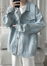 Loose Light Blue Button Pockets Denim Men Coat Fall