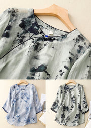 Loose Light Blue O Neck Button Print Cotton Shirt Spring