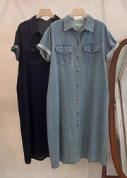 Loose Light Blue Peter Pan Collar Button Denim Shirts Dresses Summer