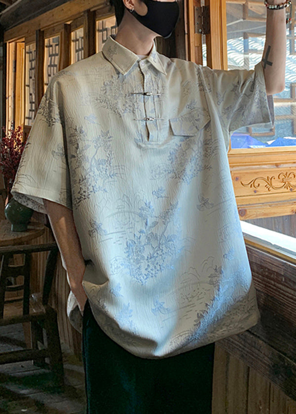 Loose Light Blue Peter Pan Collar Jacquard Ice Silk Men Shirts Summer