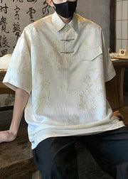 Loose Light Blue Peter Pan Collar Jacquard Ice Silk Men Shirts Summer