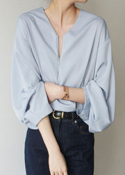 Loose Light Blue V Neck Solid Chiffon Shirts Spring