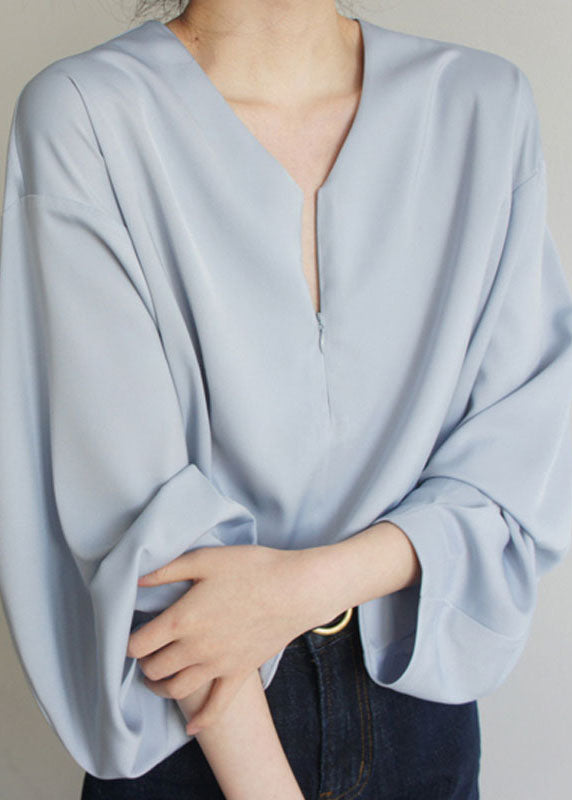 Loose Light Blue V Neck Solid Chiffon Shirts Spring