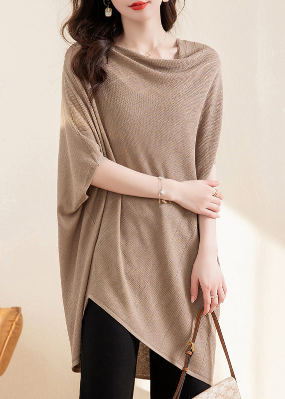 Loose Light Camel Asymmetrical Ice Silk Knit Tops Half Sleeve