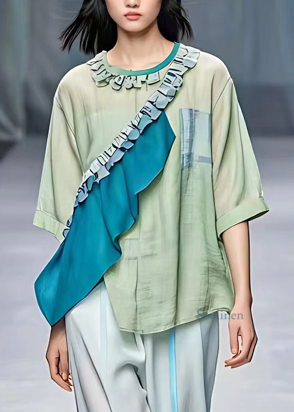 Loose Light Green Asymmetrical Patchwork T Shirt Summer