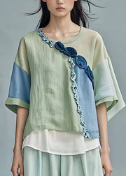 Loose Light Green Patchwork Floral Top Half Sleeve