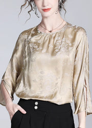 Loose Milk Tea Color Button Side Open Silk Blouses Fall