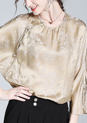 Loose Milk Tea Color Button Side Open Silk Blouses Fall