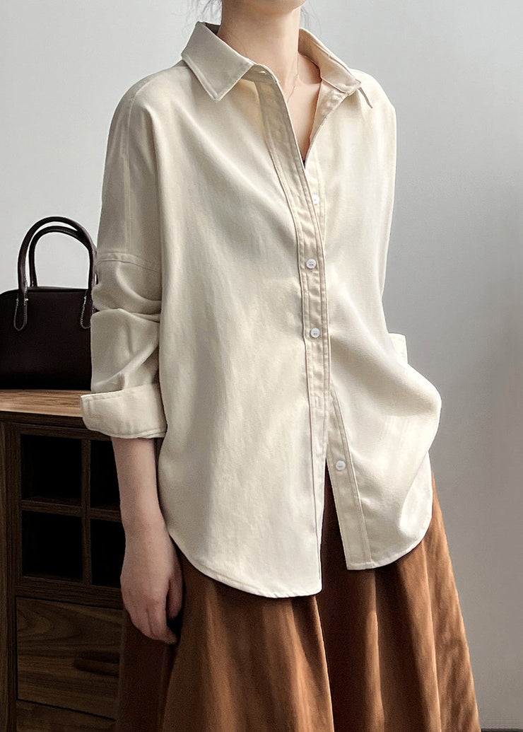 Loose Milky White Peter Pan Collar Button Cotton Shirt Long Sleeve