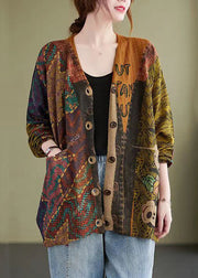 Loose Mitch Button Print Patchwork Cotton Knit Coat Fall