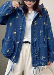 Loose Multi Hooded Ruffled Print Lace Up Denim Coat Spring