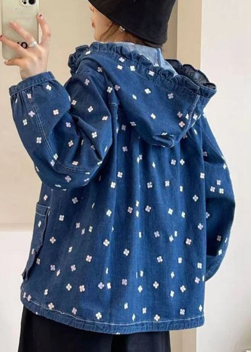 Loose Multi Hooded Ruffled Print Lace Up Denim Coat Spring