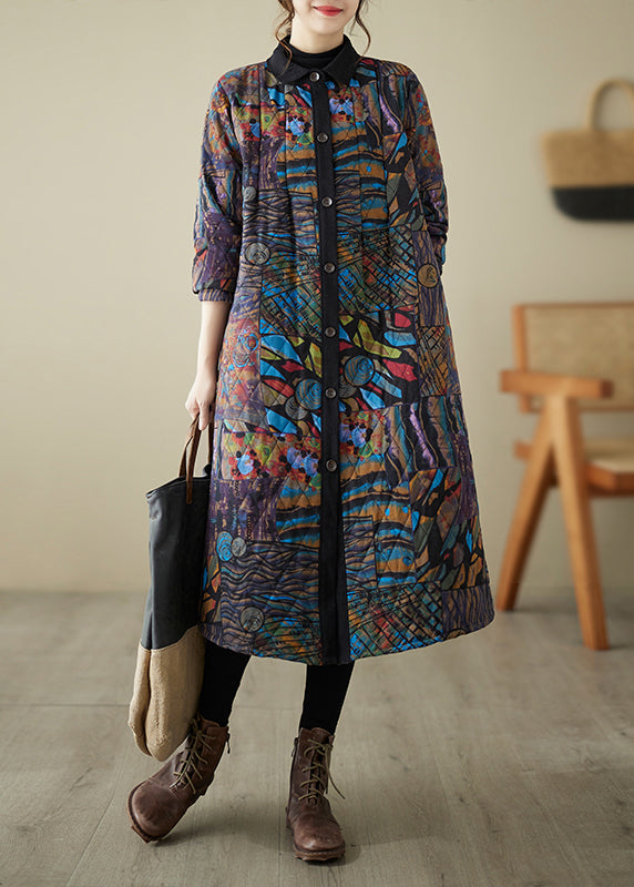 Loose Multi Print ButtonPockets Cotton Filled Parka Long Sleeve