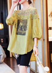 Loose Mustard Print Hollow Out Linen Tops Summer