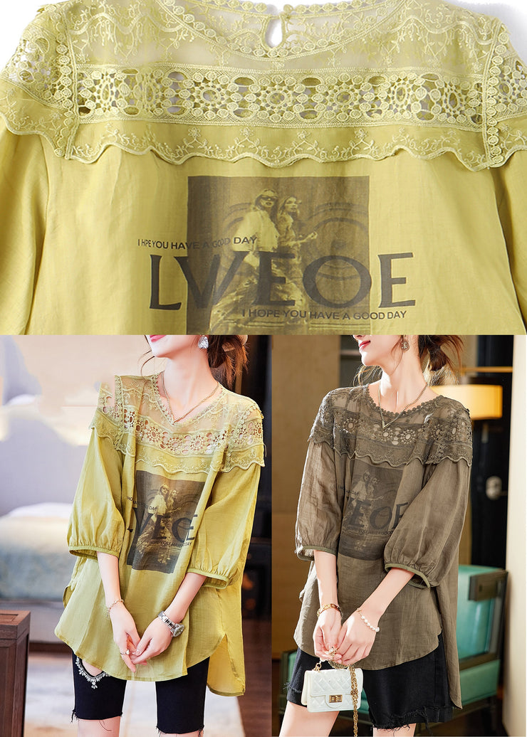 Loose Mustard Print Hollow Out Linen Tops Summer