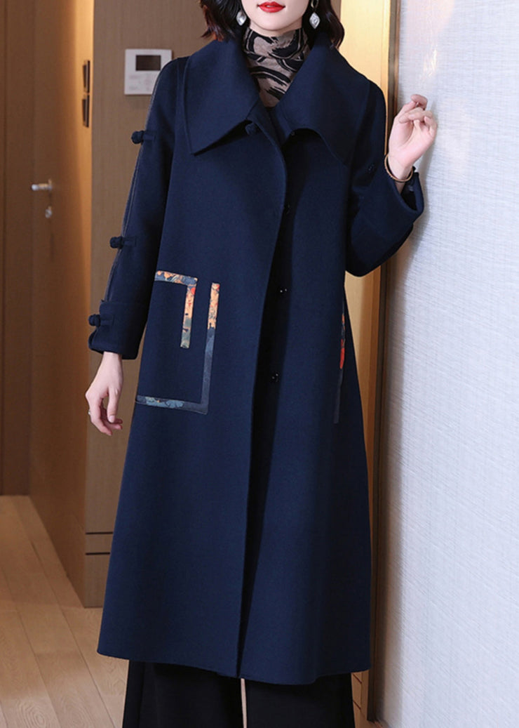 Loose Navy Button Pockets Wool Coats Long Sleeve