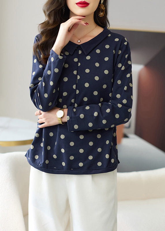 Loose Navy Dot Patchwork Cotton Top Long Sleeve