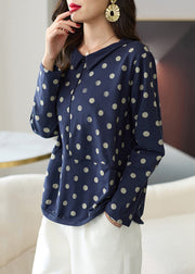 Loose Navy Dot Patchwork Cotton Top Long Sleeve