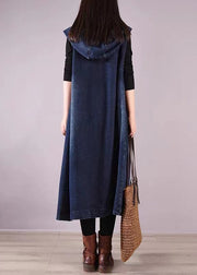 Loose Navy Hooded Button Denim Waistcoat Long Coats Sleeveless