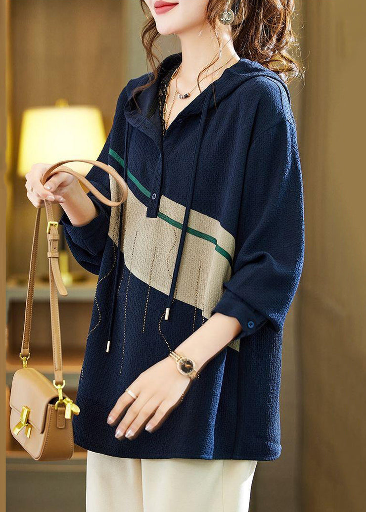 Loose Navy Hooded Button Zircon Patchwork Top Fall