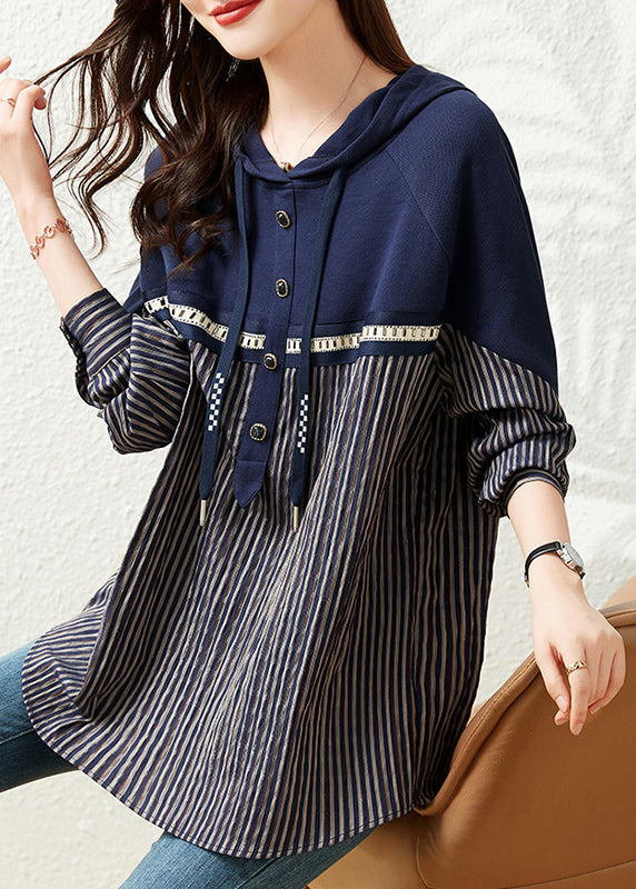 Loose Navy Neck Tie Striped Patchwork Hooded Sweatshirts Long Sleeve