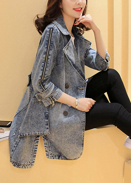 Loose Navy Notched Patchwork Side Open Button Long Denim Coats Spring