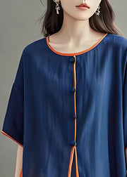 Loose Navy O Neck Asymmetrical Design Cotton Tops Summer